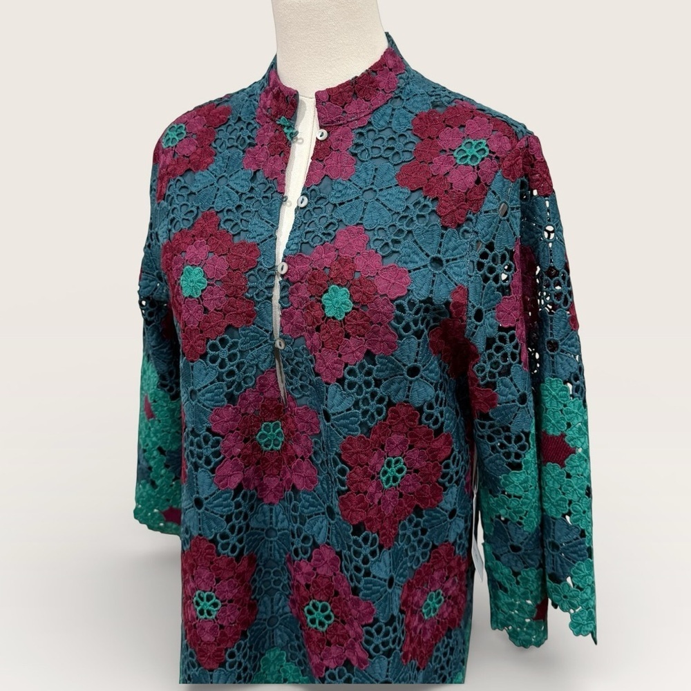 J. Marie Asher XS Floral Lace 3/4 Sleeve Kaftan Short Dress Wine/Blue/Green NWT - Picture 5 of 16